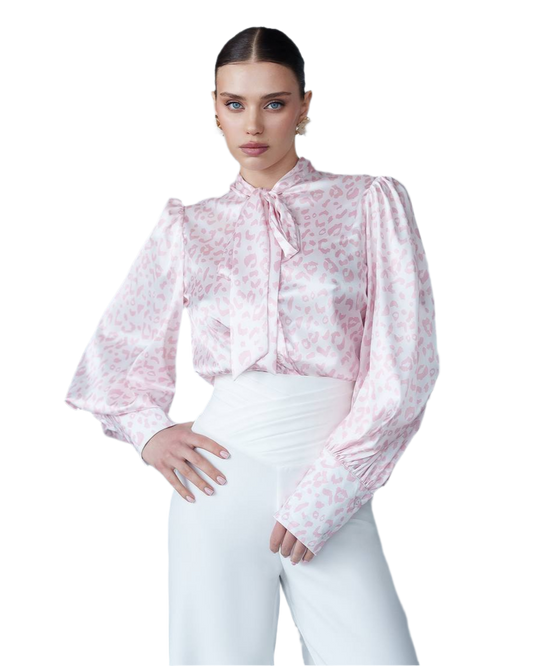 Womens Satin Printed Blouse with Tie Neck in Pink Leo