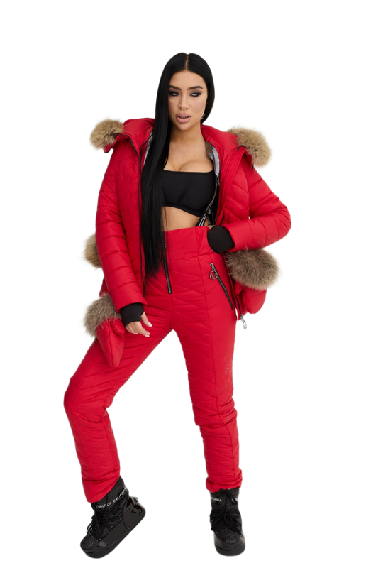 Womens Red Winter Warm Ski Snowboarding Suit Jacket and Pants with Natural Raccoon Fur Hood and Gloves