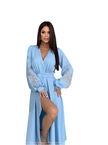 Elegant Light Blue Midi Dress with Sheer Embroidered Sleeves and Waist Tie