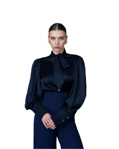 Elegant Black Satin Blouse with Long Puff Sleeves and Tie Neck