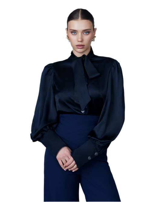 Elegant Black Satin Blouse with Long Puff Sleeves and Tie Neck