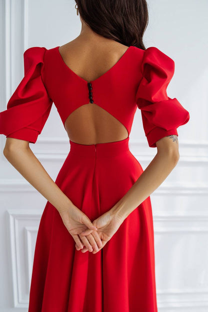 Red dress with puff sleeves on a white background