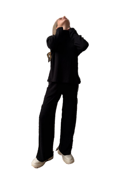 Black Knitted Suit Knit Set Relaxed Top Flared Pants Turkish Viscose Blend