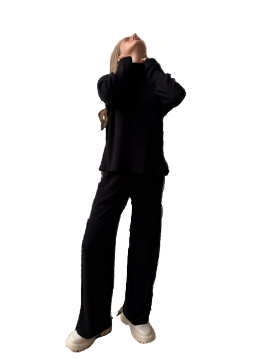 Black Knitted Suit Knit Set Relaxed Top Flared Pants Turkish Viscose Blend