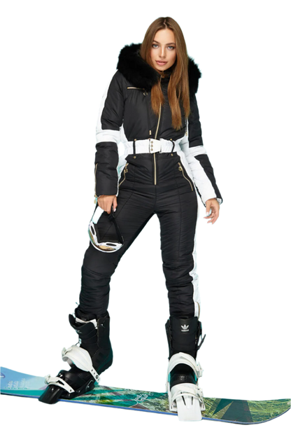 Stylish Women's Winter Ski Jumpsuit with Natural Fox Fur Hood and Moisture-Repellent Matte Fabric