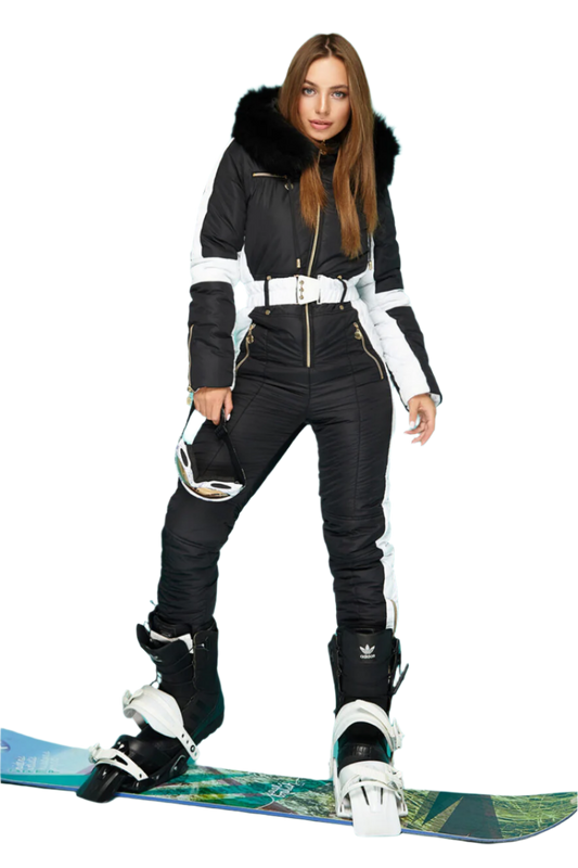 Stylish Women's Winter Ski Jumpsuit with Natural Fox Fur Hood and Moisture-Repellent Matte Fabric