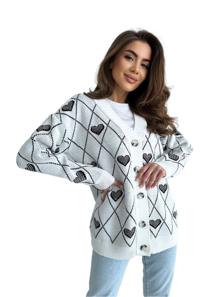 Womens Fine Knit Heart Detail Cardigan Milk Color