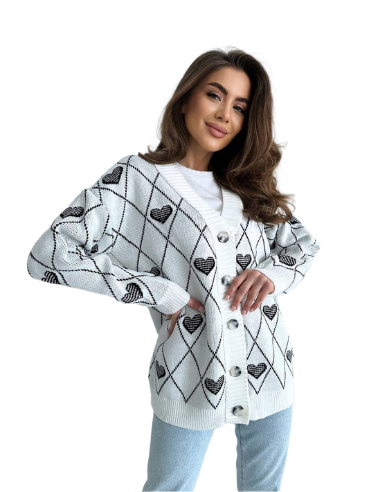 Womens Fine Knit Heart Detail Cardigan Milk Color