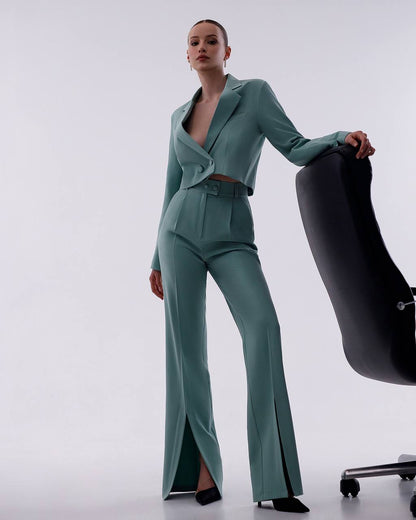 Womens Cropped Jacket Suit With High Waist Slit Trousers