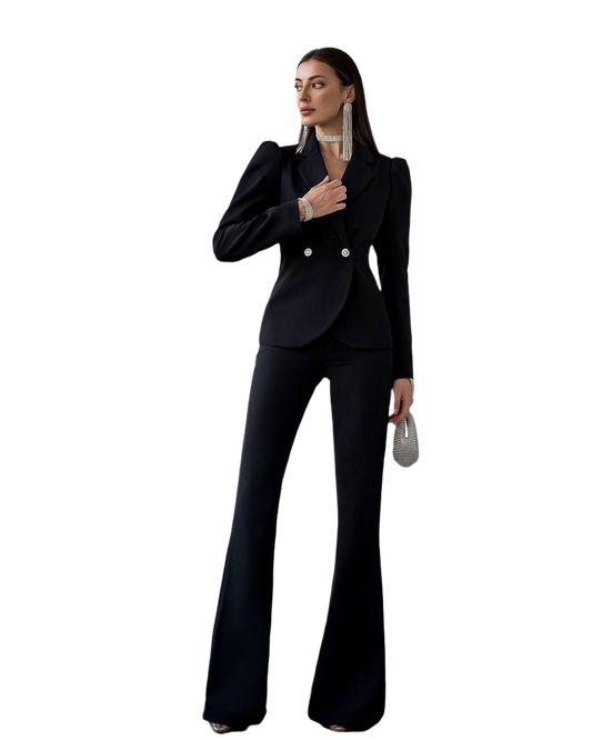 Womens Two Piece Suit Black Crepe Diagonal Blazer and Pants