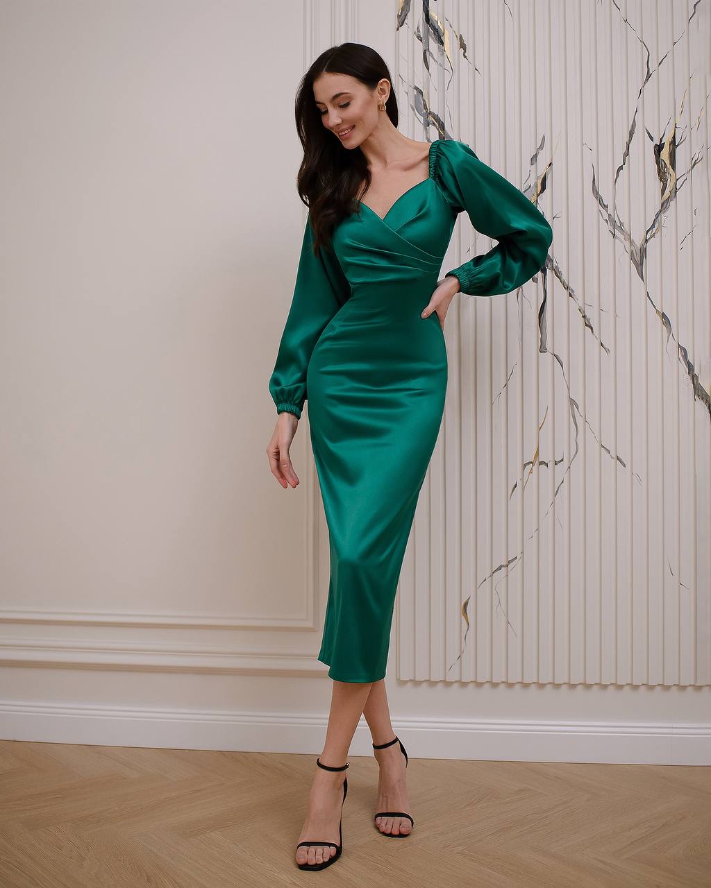 Elegant Women Midi Dress in Royal Dense Mango Satin