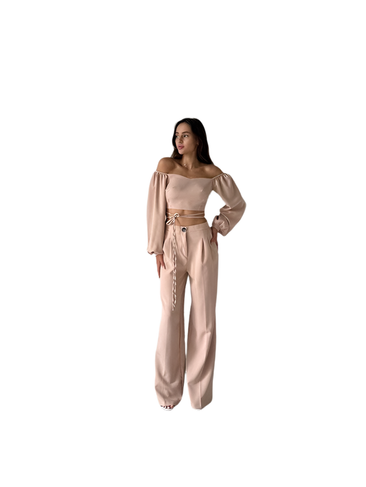 Beige High Waist Pants and Off Shoulder Top Set