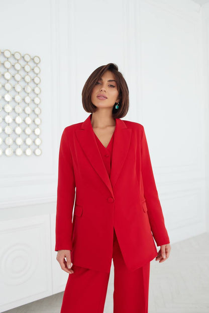 Women Three Piece Suit Red Premium Diagonal Crepe Lined Vest Jacket Trousers