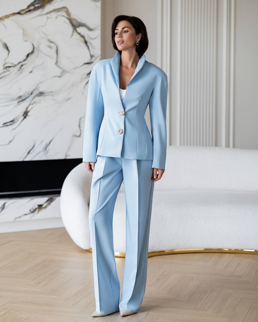 Womens Two Piece Tailored Suit with Stand Collar Blazer and Trousers