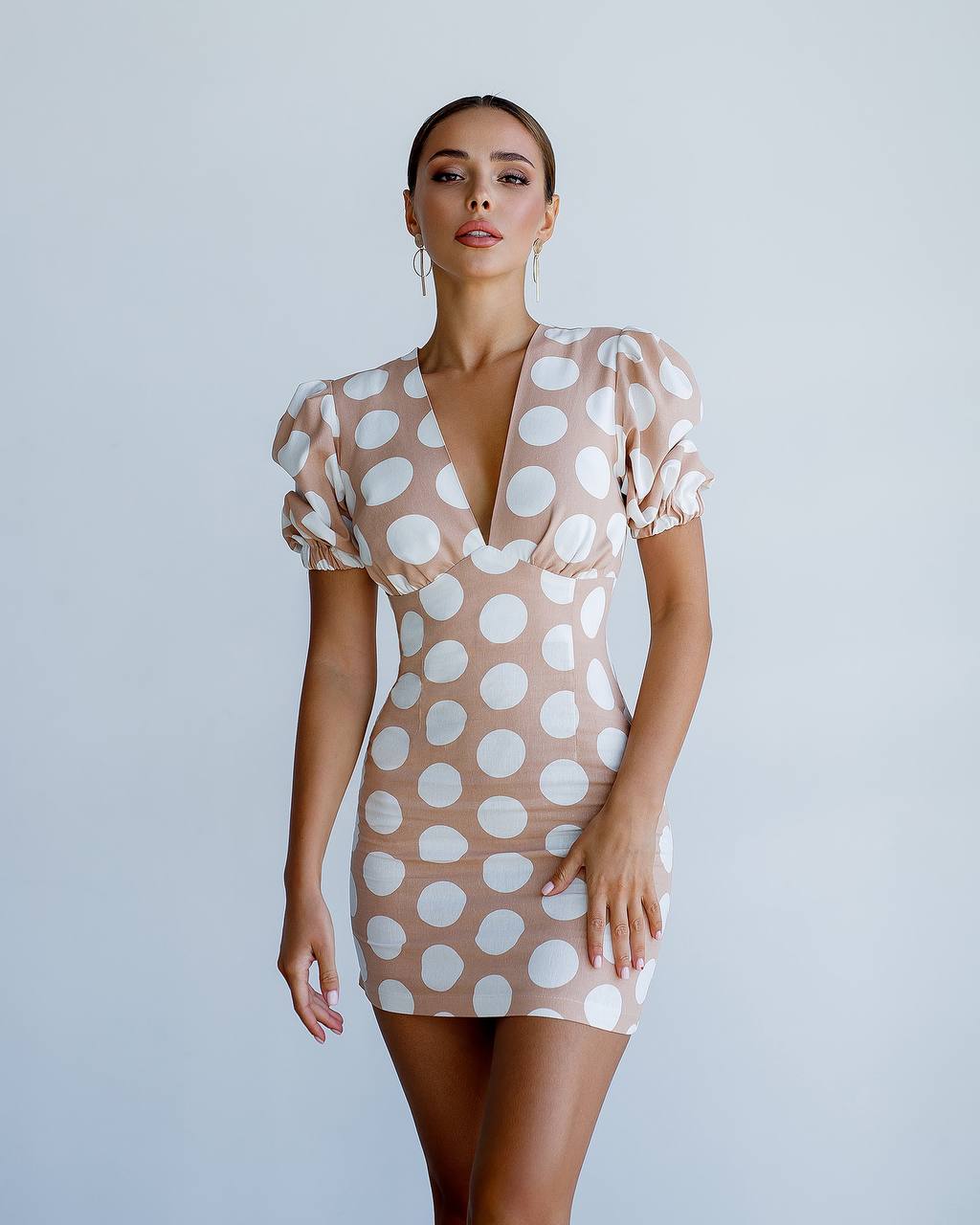 Printed Polka Dot Linen Dress for Women with Puff Sleeves