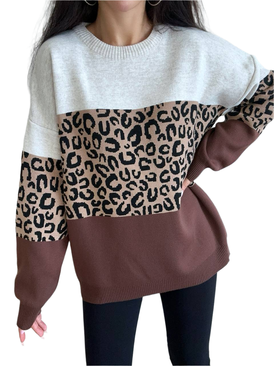 Linda Sweater for Women Leopard Print Color Block Fine Knit