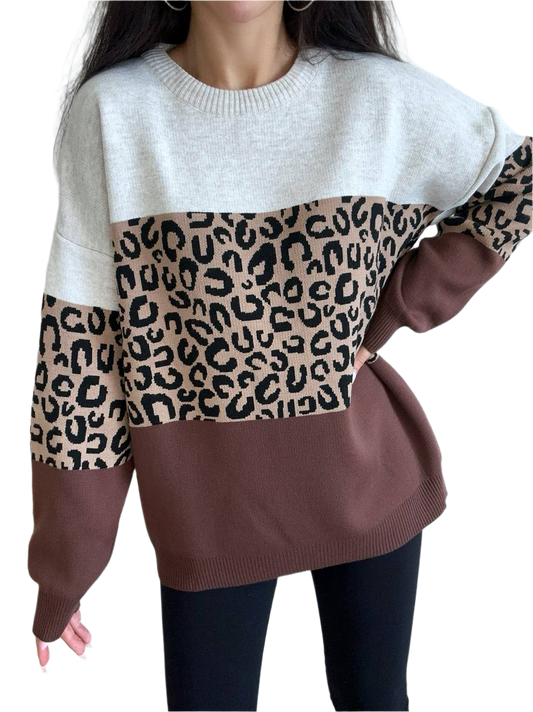 Linda Sweater for Women Leopard Print Color Block Fine Knit