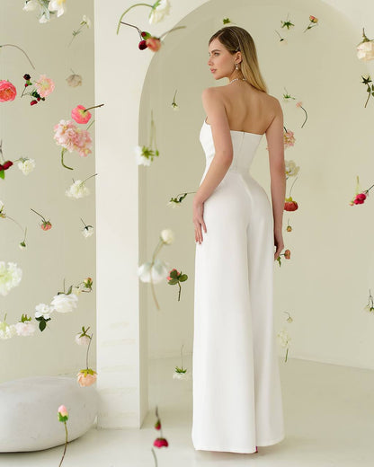 White Women Jumpsuit Bridal Wedding Bridesmaid Prom Graduation Rehearsal Dinner Corset Top Wide Pants Cullotes Palazzo