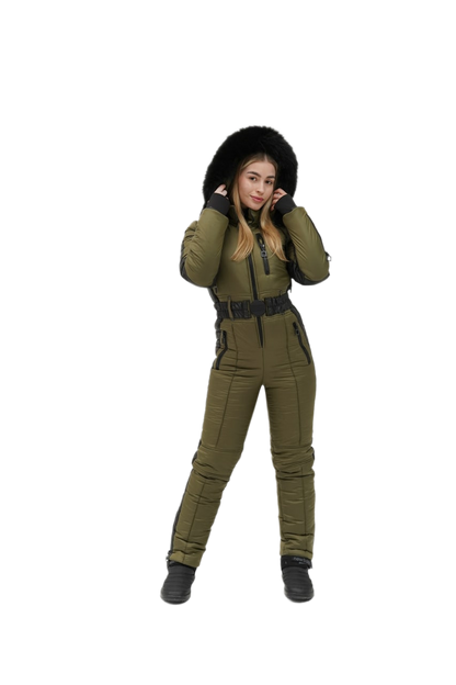 Person wearing a green jumpsuit with a fur-lined hood on a white background