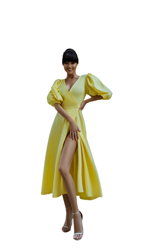 Linen Sundress for Women with Puff Sleeves and Side Slit