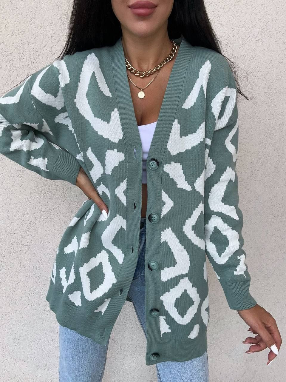 Womens Leo Cardigan Oversized Pattern Knit Sweater