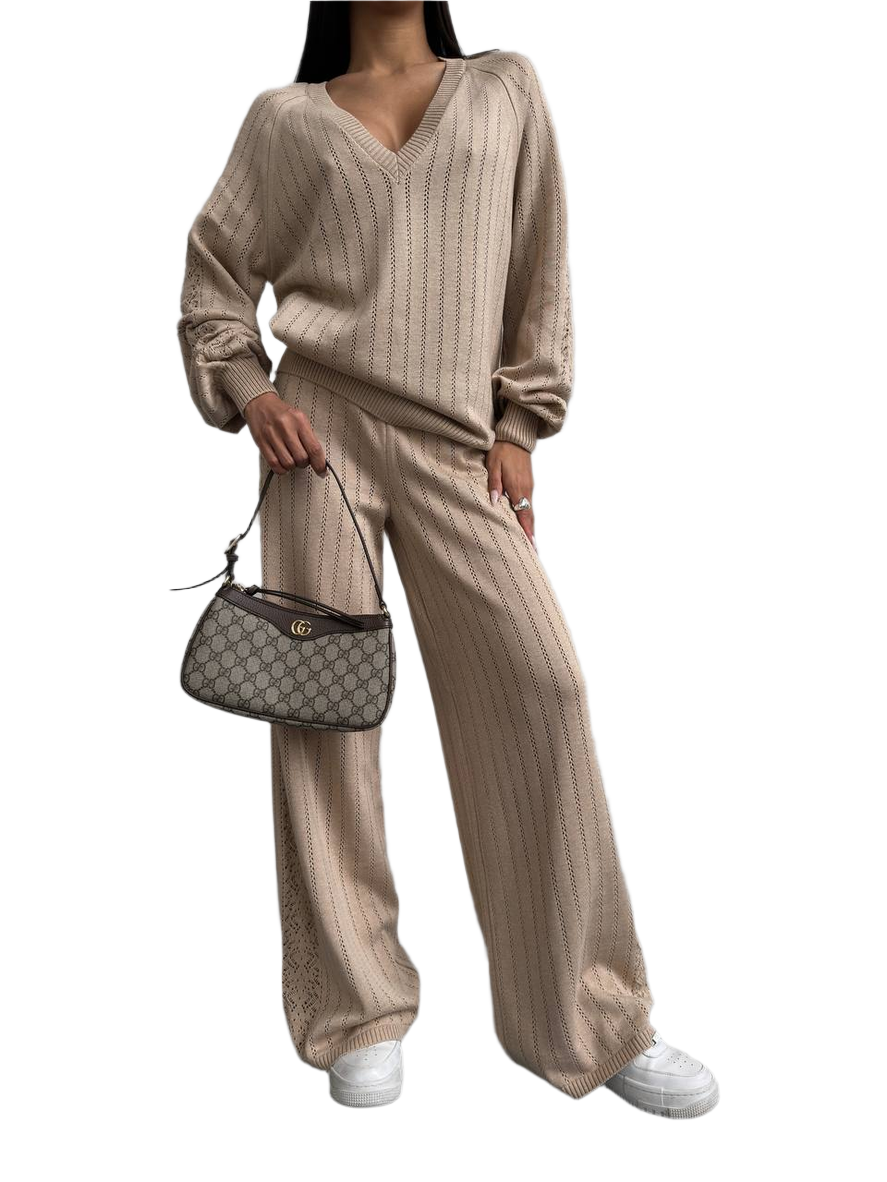 Womens Spring Beige Knitted Suit with Dropped Sleeves and Wide Leg Trousers