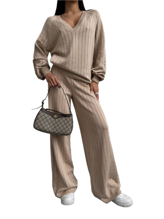 Womens Spring Beige Knitted Suit with Dropped Sleeves and Wide Leg Trousers