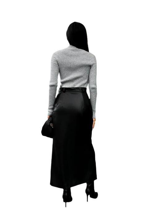 Womens Midi Eco-Leather Skirt with Front Slit