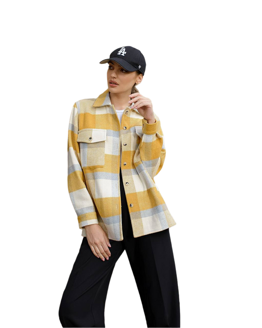 Womens Turkish Cashmere Wool Plaid Shirt in Mustard and White
