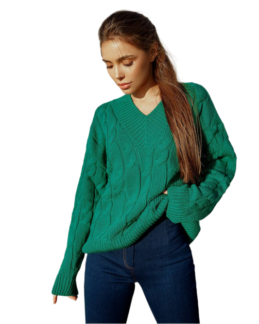Womens Green Cable Knit Sweater V Neck Chunky Yarn Fall Winter Pullover