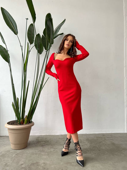 Red Long Sleeve Bodycon Midi Dress French Knitwear Alex Premium