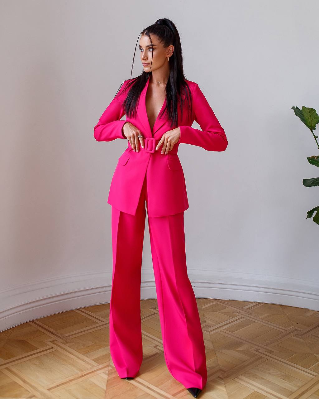 Womens Tailored Blazer and Wide Leg Trouser Suit in Diagonal Suiting Crepe