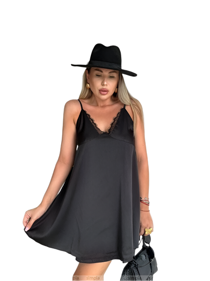 Elegant Black Slip Dress with Lace Details and Back Cutout