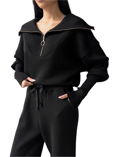 Luxury Black Women's Merino Wool and Cotton Suit with Sweater and Pants