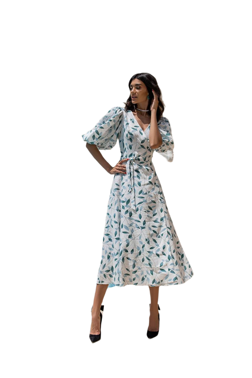 Linen Puff Sleeve Sundress with Leaf Print