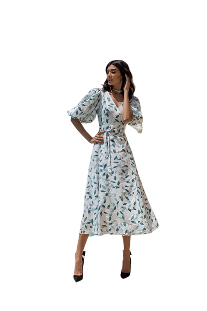 Linen Puff Sleeve Sundress with Leaf Print