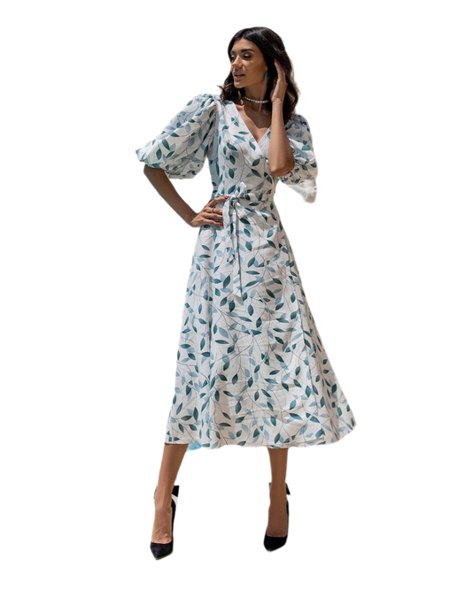 Linen Puff Sleeve Sundress with Leaf Print