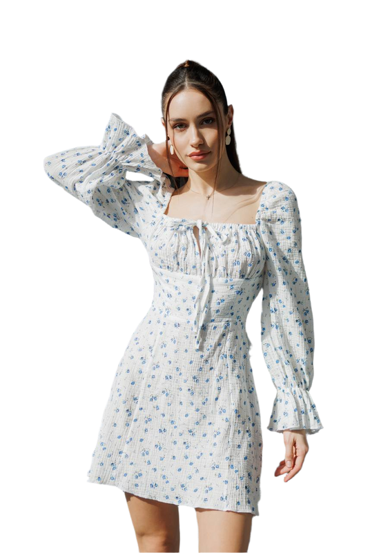 Elegant Blue Floral Muslin Dress for Women