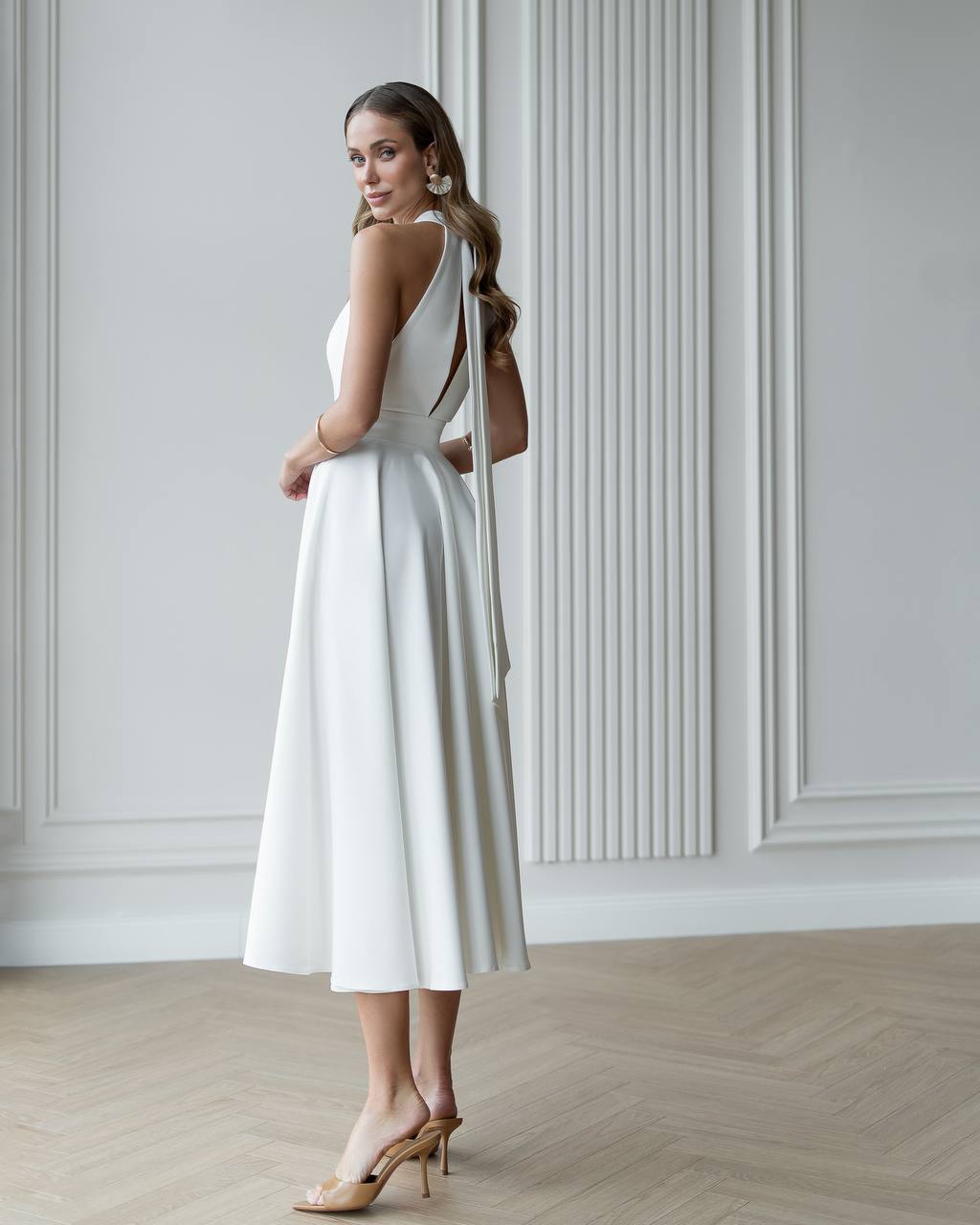 Elegant White Midi Dress for Women Premium Crepe Diagonal Fabric