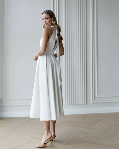 Elegant White Midi Dress for Women Premium Crepe Diagonal Fabric