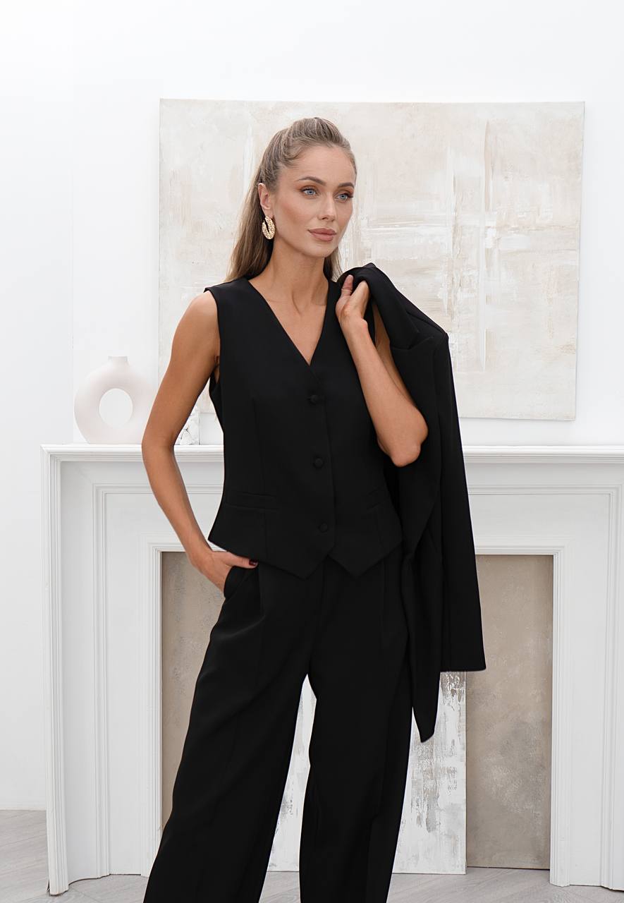 Black Women's Three Piece Suit Diagonal Crepe Lined Vest Jacket Trousers