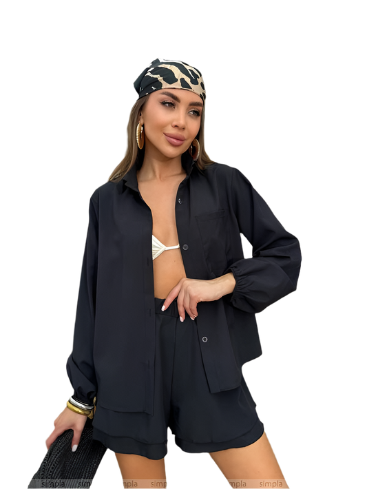 Lightweight Summer Soft Fabric Women's Two-Piece Set Black Shorts and Shirt