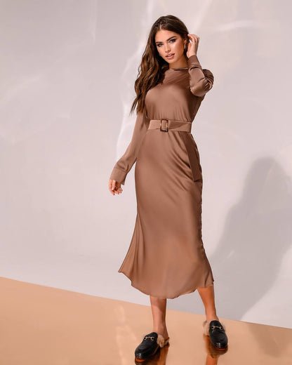 Elegant Silk Dress with Belt and Long Sleeves for Women