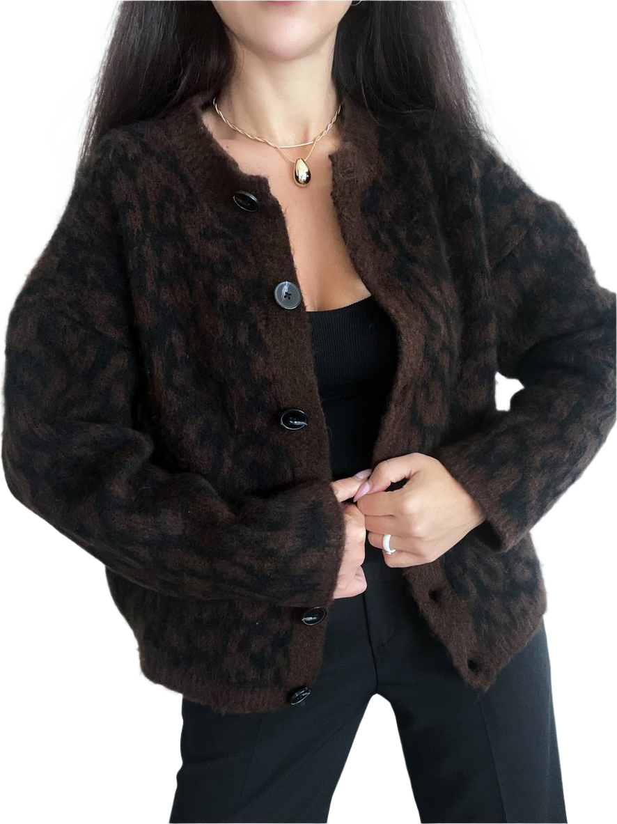 Warm Wool Blend Leopard Print Cardigan for Women