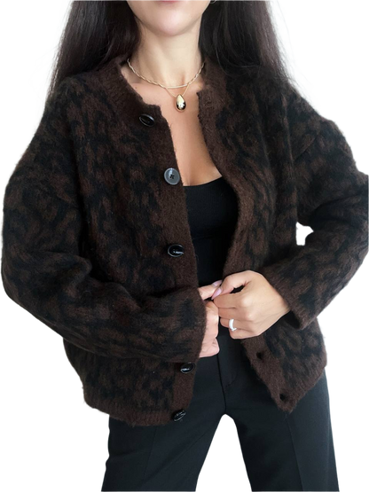 Warm Wool Blend Leopard Print Cardigan for Women
