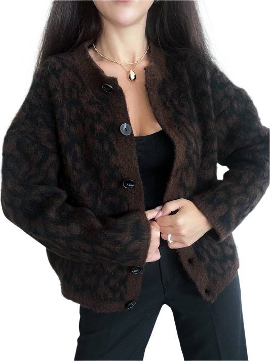 Warm Wool Blend Leopard Print Cardigan for Women
