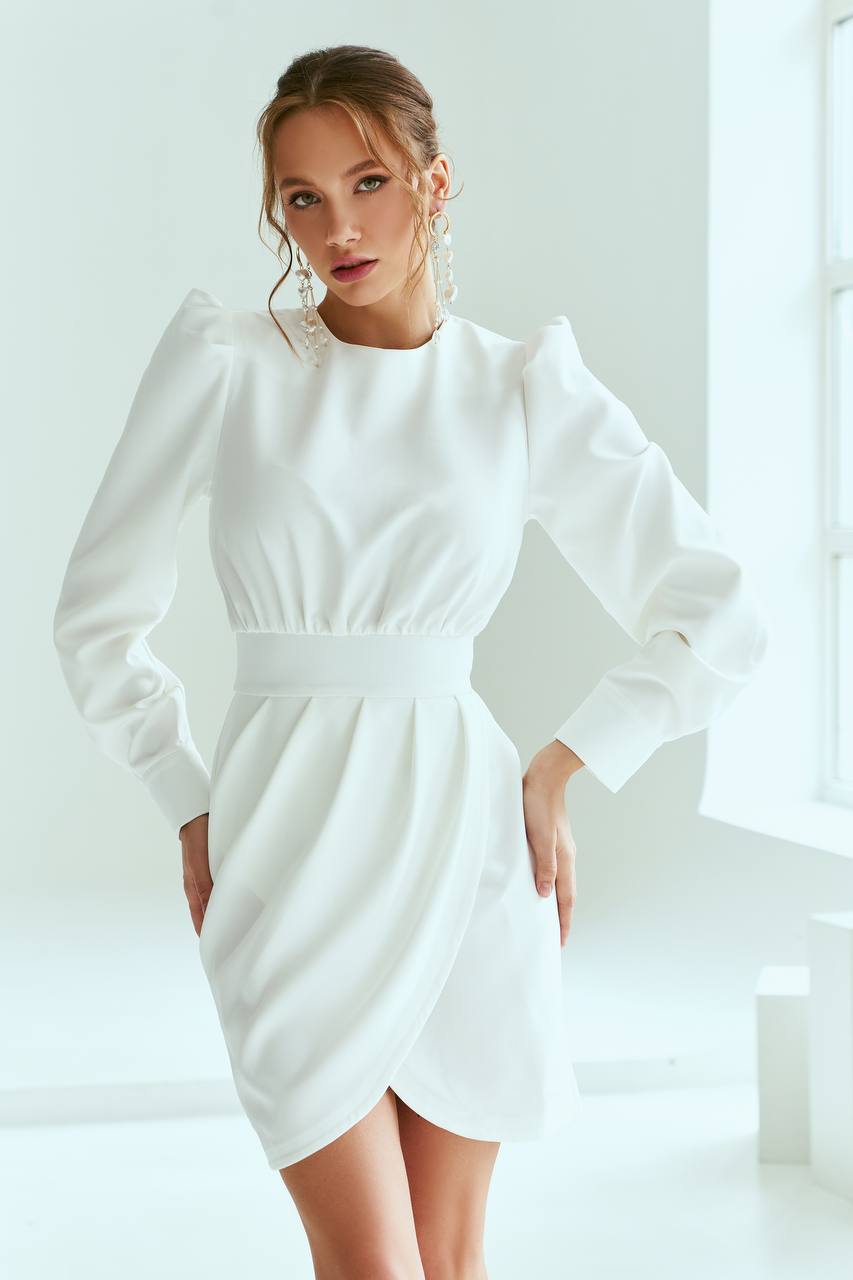 Elegant White Bianca Suiting Fabric Dress with Puff Long Sleeves