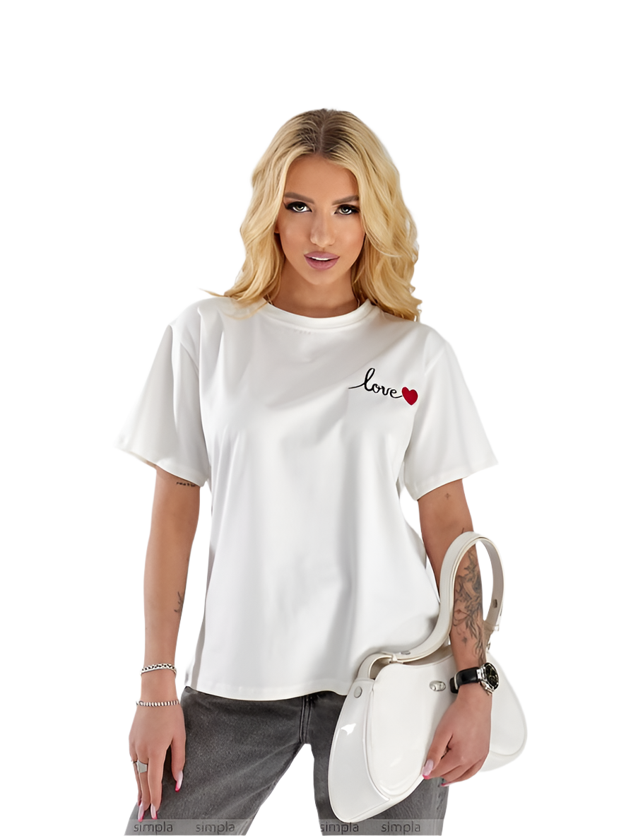 White T-Shirt with Embroidery Love Heart Design
