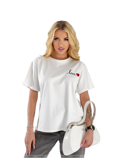 White T-Shirt with Embroidery Love Heart Design