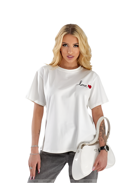White T-Shirt with Embroidery Love Heart Design